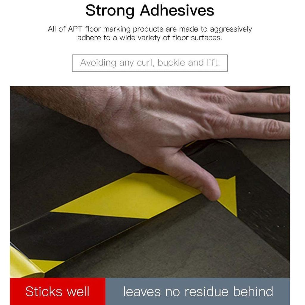 APT Premium Black and Yellow Striped Vinyl Floor Safety Marking Tape, Excellent for Hazard Caution& Warning, Social Distancing, Warehouse & Gym Floor (2 Inch, Yellow/Black)