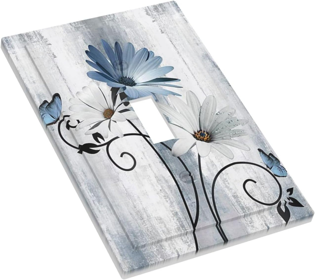 Decorative Light Switch Cover Plate Rustic Blue White Daisy Ink Flower 1 Gang Single Toggle Wall Plates for Electrical Outlets Outlet Covers Switch Plate Covers for Bedroom Home Decor