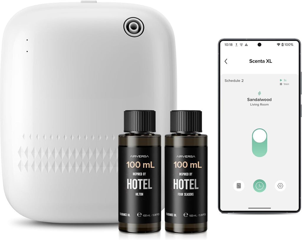 Smart Waterless Essential Oil Diffuser (400 mL Capacity) Starter Kit with 200mL Hotel Scent Fragrance Oils, Up to 2000 sq ft App Control Scent Air Machine with 12V1A Power Adapter, ANW Kit White