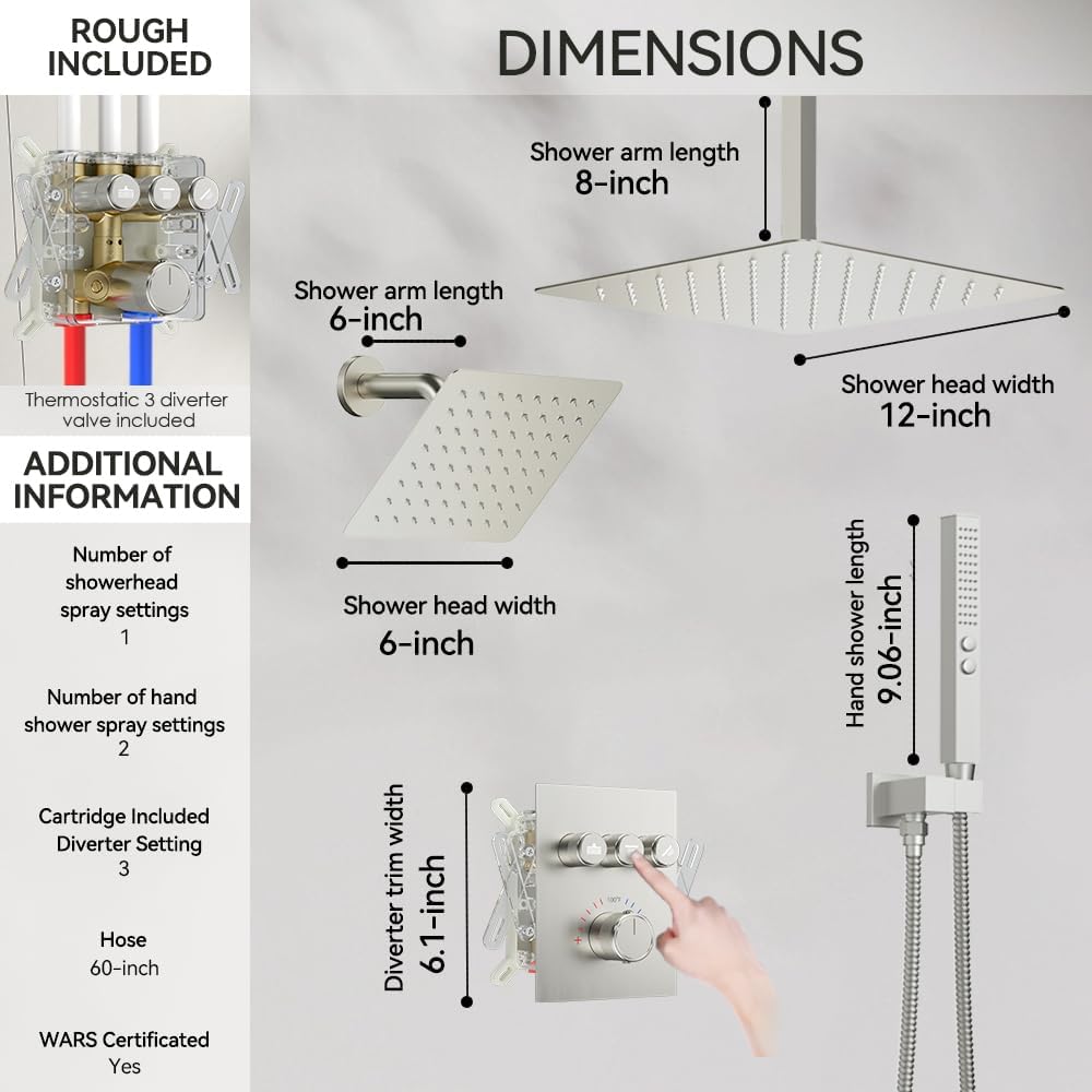 Shower Faucets Sets Brushed Nickel Shower System,12" Ceiling Rainfall Shower and 6" Wall Mount with 2 in 1 Handhled, Can Use All at Once, Thermostatic Shower Set with Valve and Trim Kit