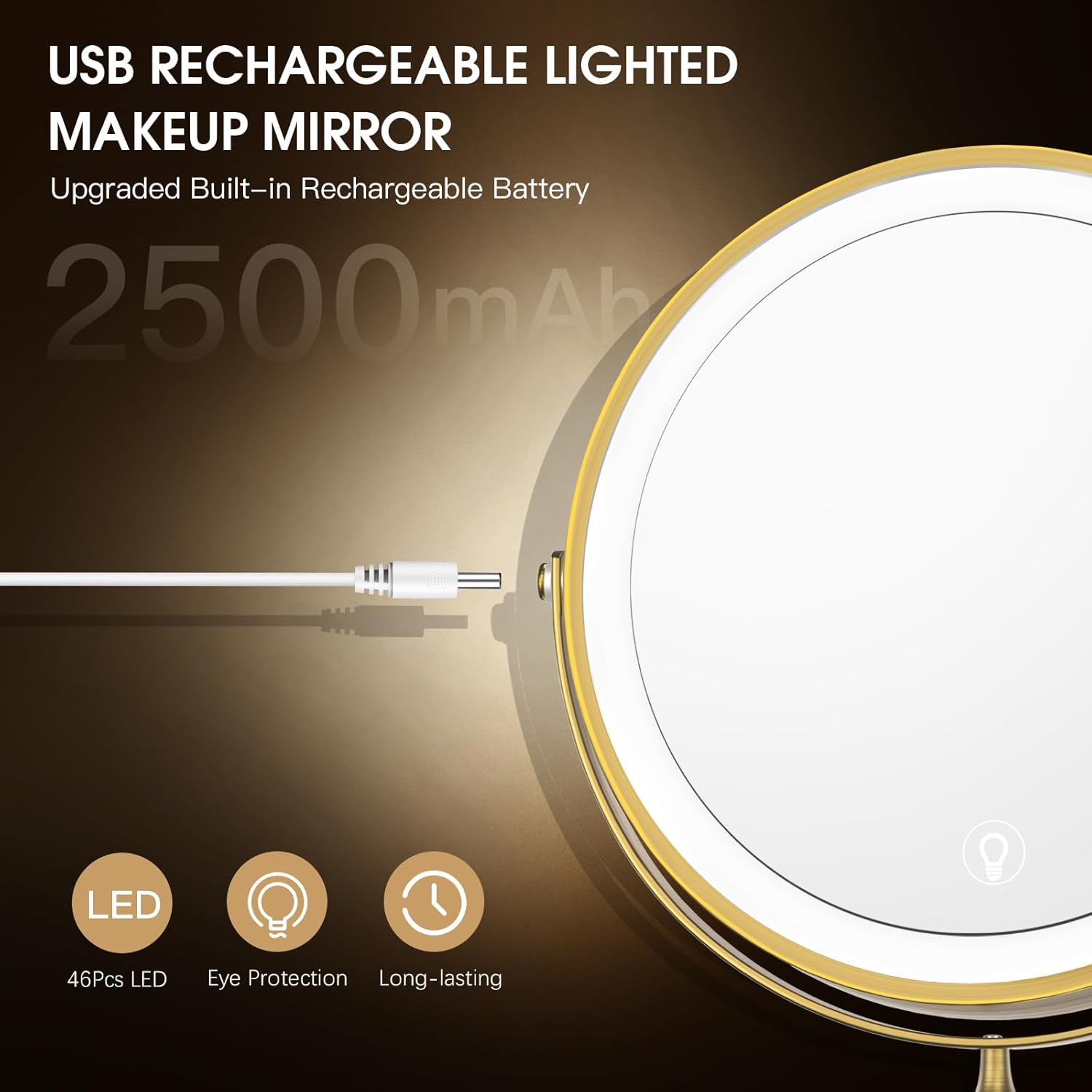 Wall Mounted Lighted Makeup Mirror,8" Rechargeable Double-Sided Light up Magnifying Mirror 1x/10x,3 Color Led Vanity Mirror with Lights,Touch Dimmable 360° Rotation-Antique Bronze