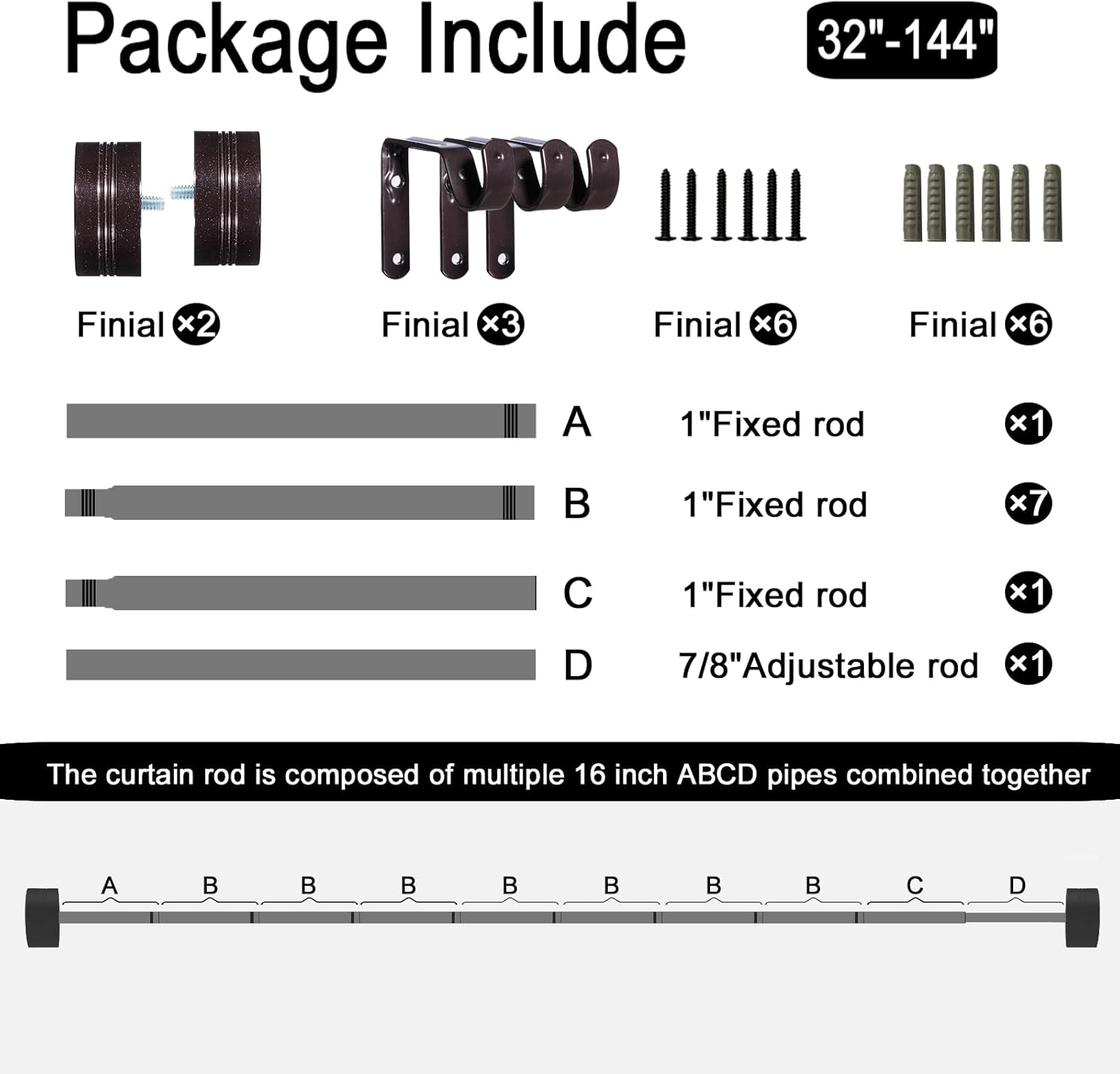 Adjustable Curtain Rods-18 to 144 Inches,1 Inch Modern Metal Drapery Rods, Adjustable Heavy Duty Curtain Pole with Simple End Caps