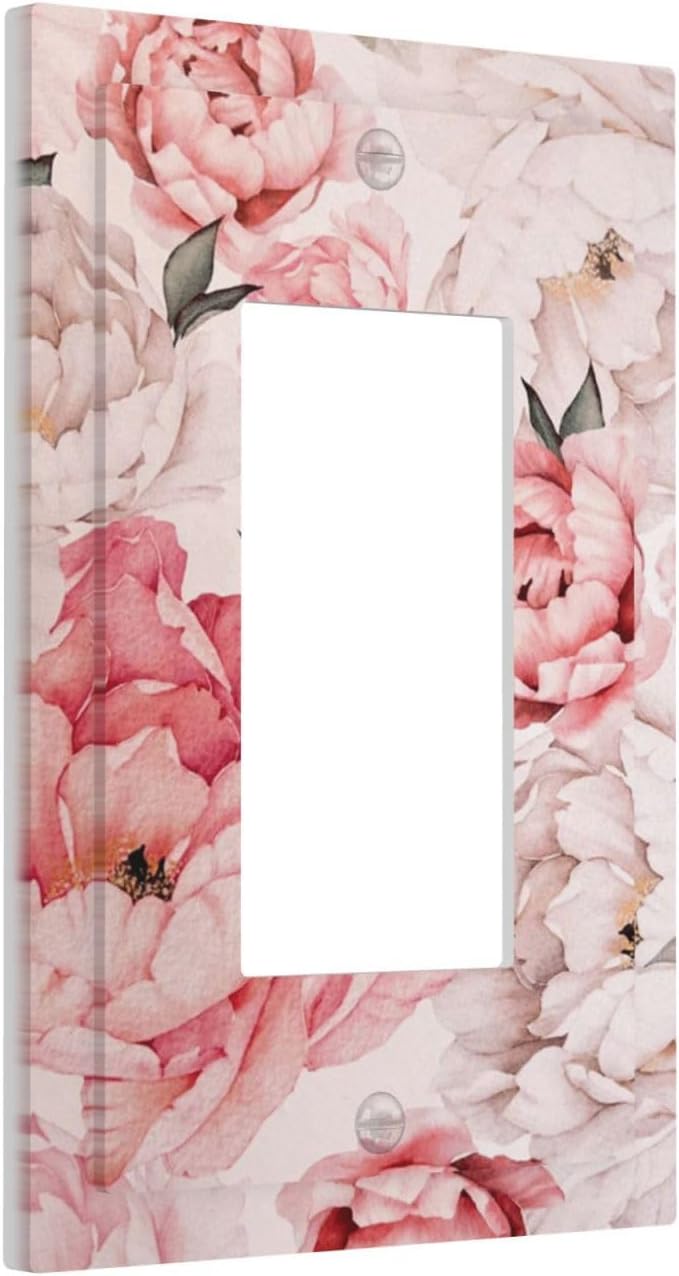Decorative Outlet Covers Ink Pink Peony Flower Rustic Floral 1 Gang Rocker Light Switch Cover Plate Single Decora Light Switch Covers Wall Plate Faceplate for Home Decor （2 Pack）
