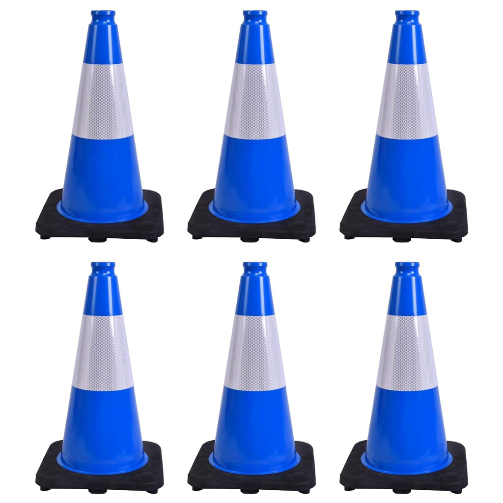6 Pack 18 Inch Blue Traffic Cones with Reflective Stripes, Black Base Safety Cones for Parking Lots, Sports Events and Property Marking (6, Blue, 18 Inch)
