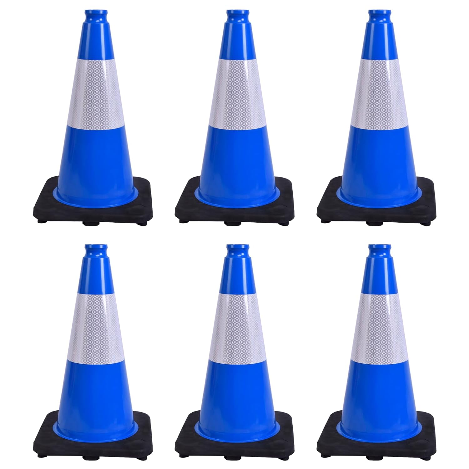 6 Pack 18 Inch Blue Traffic Cones with Reflective Stripes, Black Base Safety Cones for Parking Lots, Sports Events and Property Marking (6, Blue, 18 Inch)