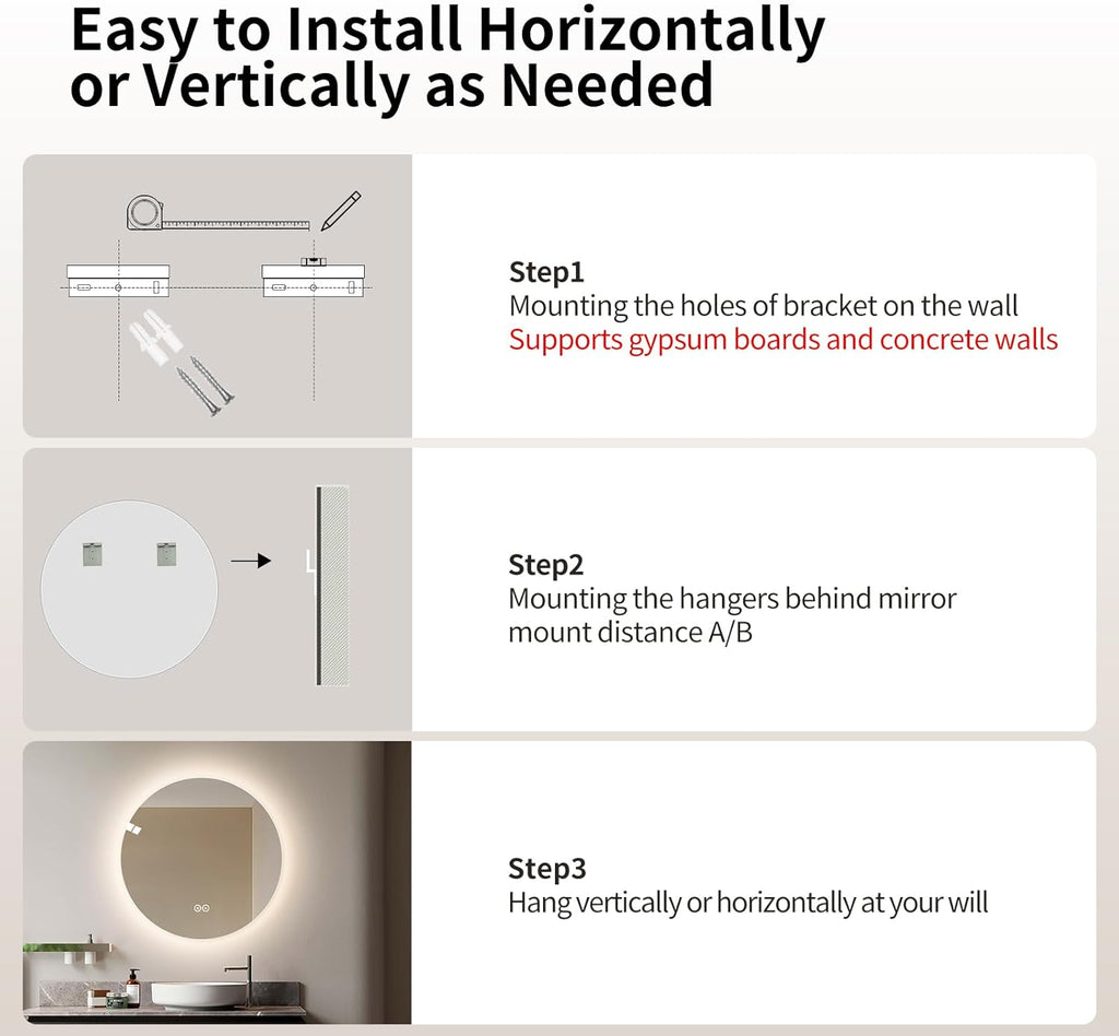 Round LED Bathroom Mirror with Light, Backlit Mirror for Bathroom, Frameless LED Smart Vanity Mirror with 3 Color Lights, Anti-Fog, Smart Touch Button, Shatter-Proof, IP65, 90+ CRI (24" L x 24" W)