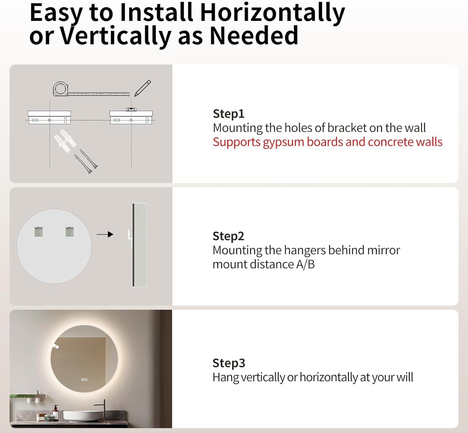 Round LED Bathroom Mirror with Light, Backlit Mirror for Bathroom, Frameless LED Smart Vanity Mirror with 3 Color Lights, Anti-Fog, Smart Touch Button, Shatter-Proof, IP65, 90+ CRI (24" L x 24" W)
