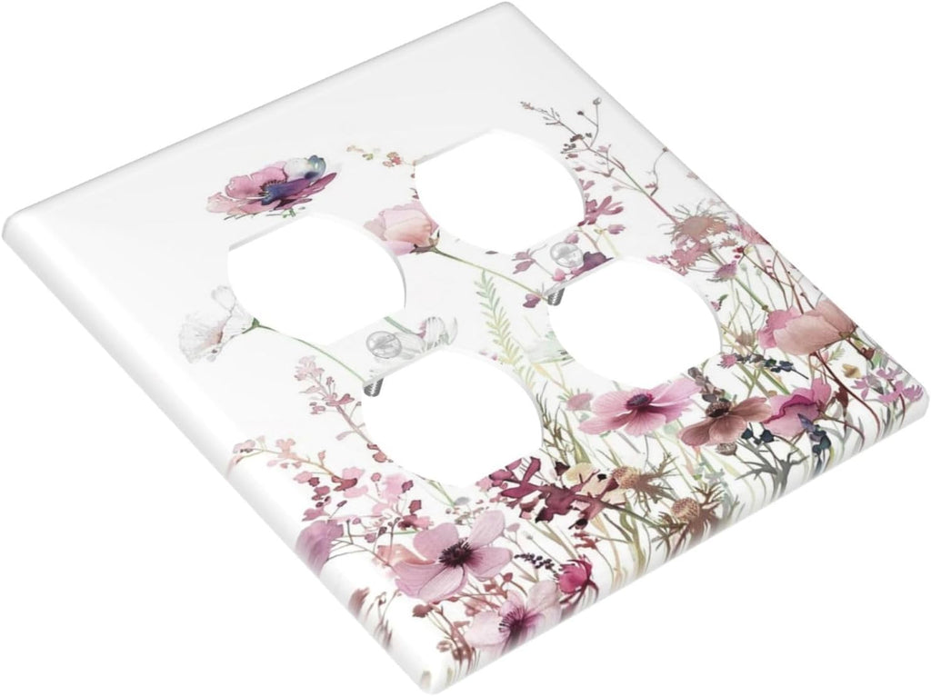 Floral Pink Watercolor Wildflowers Plant Flower Outlet Covers 2 Gang Double Duplex Decorative Light Switch Covers Electrical Wallplates Socket Faceplate for Bedroom Living Room Decor
