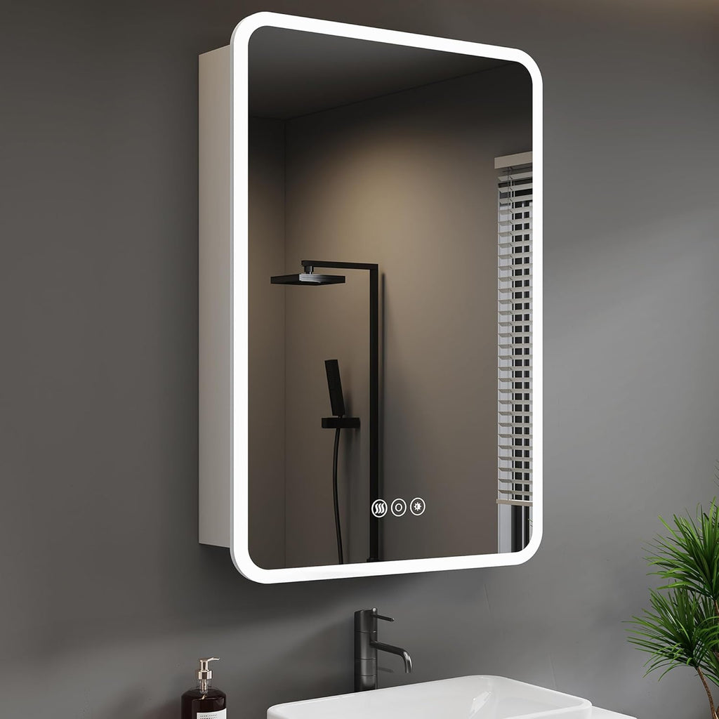 Medicine Cabinet with LED Lights and Mirror, 24 x 30 Inch Surface or Recessed Mounted Bathroom Cabinets with Door, Defogger, Memory Function, 3-Color Mode, Outlet&USB, Dimmer, Storage Shelf