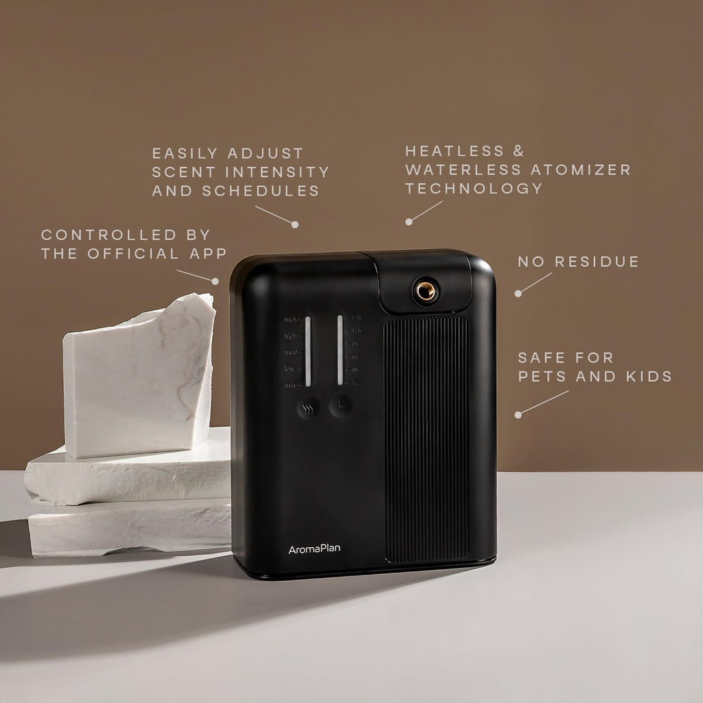 AromaPlan 5 Star Collection Cold Air Scent Diffuser, Whole House (Includes 2 Fragrances & 12 Set Sample kit) - Smart Scent Diffuser, HVAC System- Touch & App, 2000 Sq. Ft Cov. (Black)
