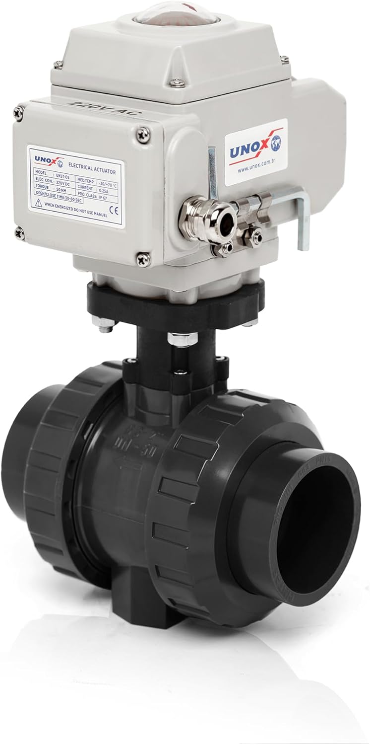 Unox 110V AC Electric Actuated Ø50 (1 1/2") U-PVC Ball Valve, Motorized Ball Valve For Water - PN16