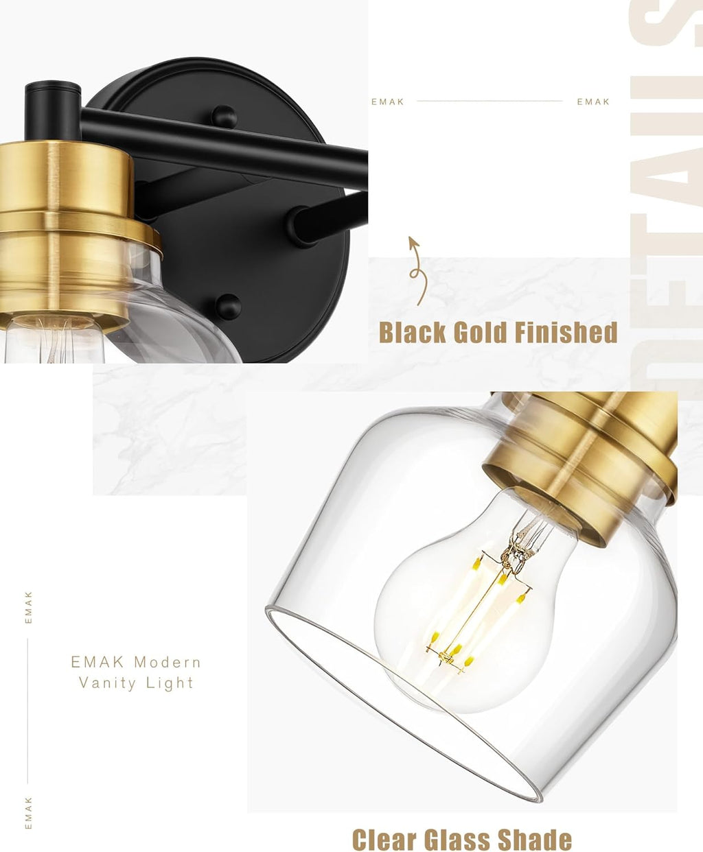 Emak Farmhouse 2-Light Bathroom Light Fixtures, Modern Black and Gold Vanity Lights with Clear Glass Shade for Bathroom, Mirror, VL122-BKBGD-CG-2