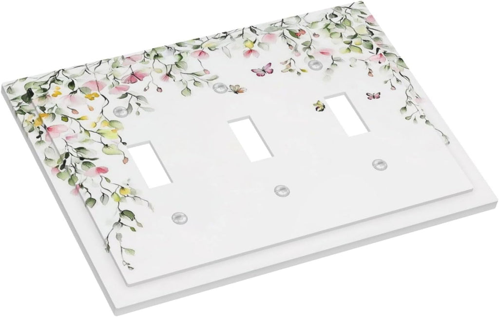 Watercolor Flowers Vine Colorful Butterfly Floral Decorative Switch Plates 3 Gang Wall Plate Triple Toggle Light Switch Cover Faceplate Electrical Wall Panels For Bed Room Living Room Decor