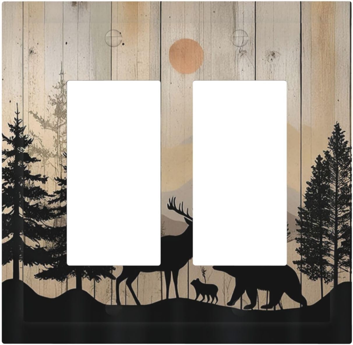 Decorative Outlet Covers Wood Board Wildlife Cute Bear Deer Forest Rustic 2 Gang Double GFCI Rocker Electrical Wall Panels Light Switch Cover Plate for Bathroom Farmhouse Decor