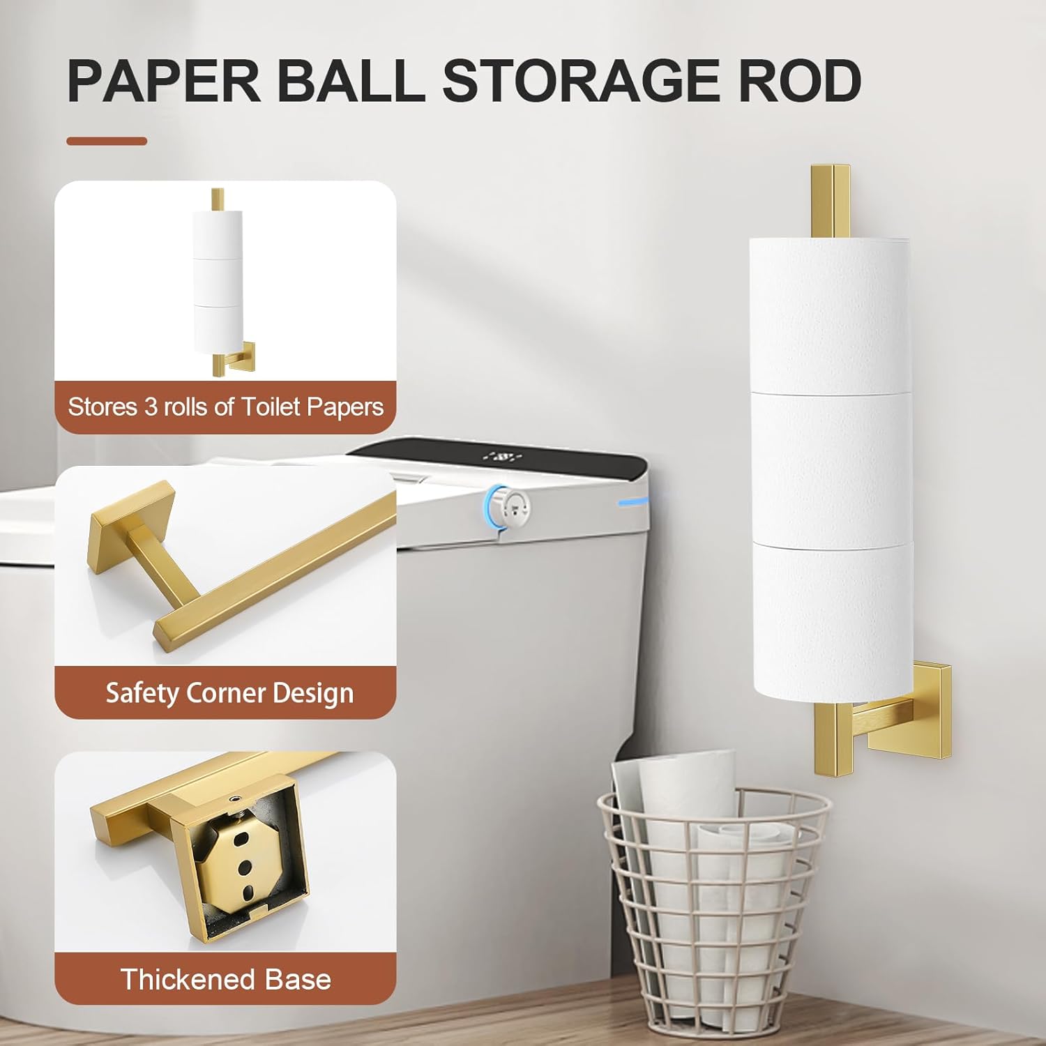 TQKAG 7-Pieces Brushed Gold Bathroom Hardware Accessories Set 23.6" SUS304 Stainless Steel Towel Bar Set Toilet Paper Spare Rolls Storage Holder Wall Mounted