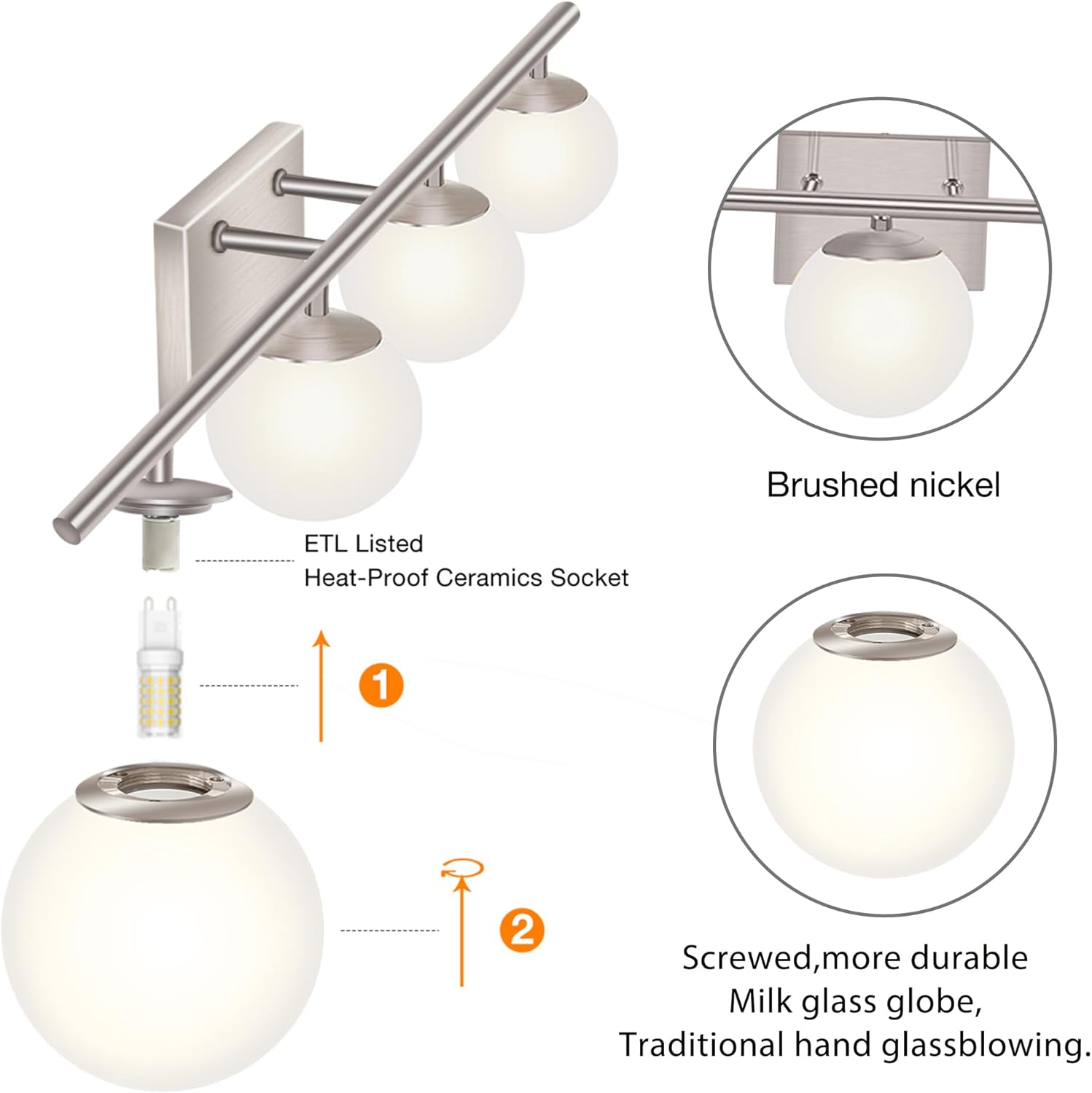 New Bathroom Vanity Light Fixtures 4 Lights Brushed Nickel Glass Shade Modern Wall Bar Sconce Over Mirror（(Exclude G9 Bulb)