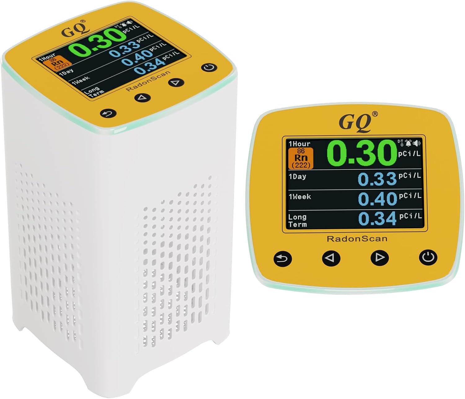 GQ Radon Detector Radonscan Home Radon Monitor Alpha Radiative Gas Radiation Design in USA Large Color Display Short and Long Term continuously Monitor Accurate Fast Sensitive Data Saving