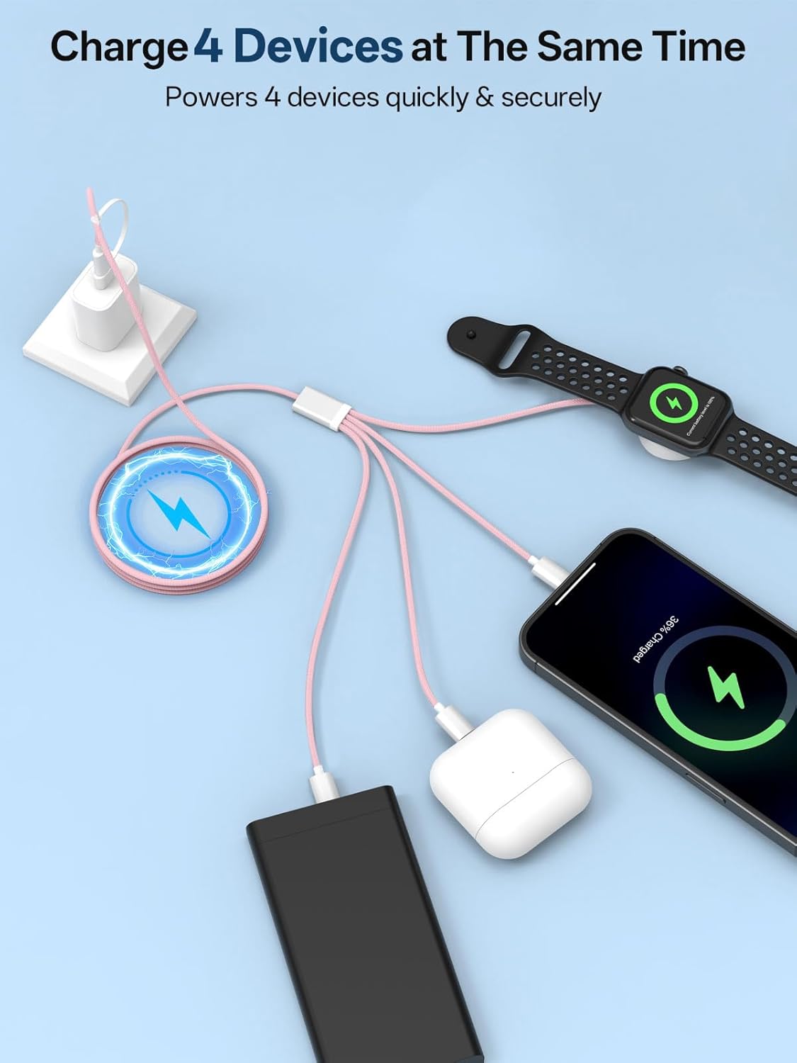 Travel Essentials, 4 in 2 Multi Charging Cable for Apple Watch Charger/iPhone Charger,USB C Cable Cord for iPhone 17-11/iWatch Ultra/10-2/Galaxy S25-S20, Android Phones, Kindle, MP3-Pink,4FT