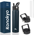 Insulated Water Bottle 24oz Stainless Steel Sport Bottles with 3 Lids,Navy Blue