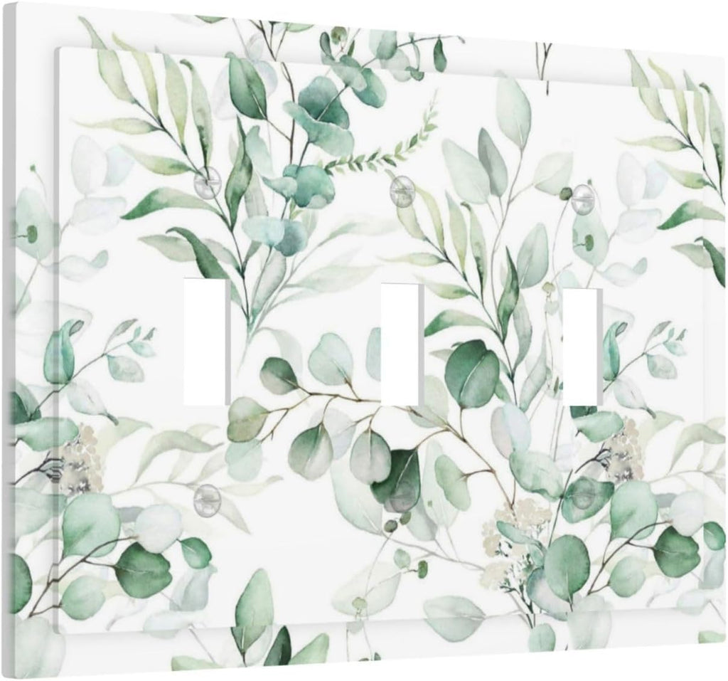 Boho Green Eucalyptus Leaf Floral Plants Flowers Decorative Switch Plates 3 Gang Wall Plate Triple Toggle Light Switch Cover Faceplate Electrical Wall Panels for Bed Room Living Room Decor