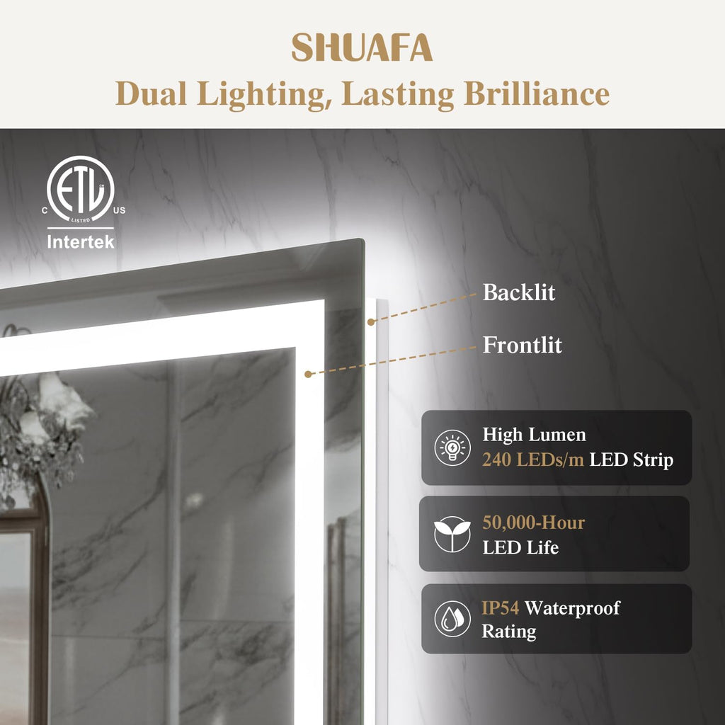 48X36 Inch LED Bathroom Mirror with Lights, Frontlit+ Backlit Bathroom Vanity Mirror for Wall, Ultra-Clear Tempered Glass, Shatter-Proof, Anti-Fog and Memory Function, ETL Listed