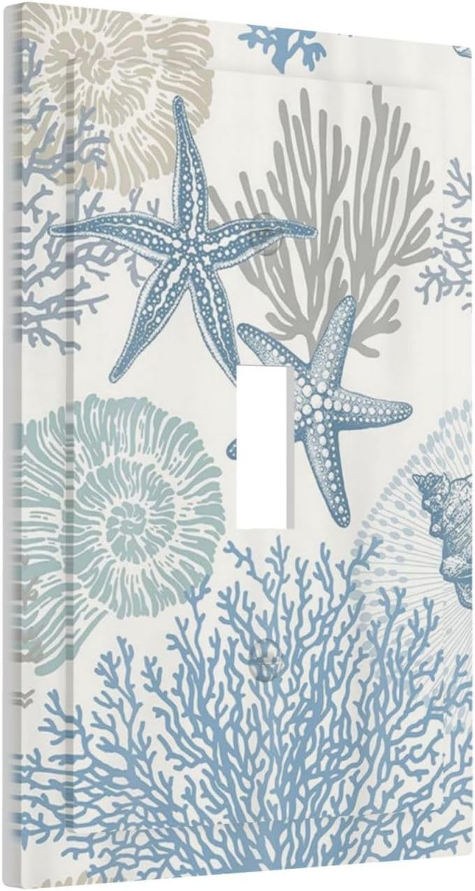 Decorative Light Switch Plate Covers Blue Starfish Coral Seaweed 1 Gang Light Switch Cover Plate Single Toggle Wall Plate Outlet Covers Faceplate for Bathroom Bedroom Decor （2 Pack）