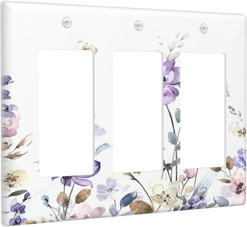 Light Switch Covers Purple Floral Lilac Watercolor Flower Leaves Butterfly Wildflower 3 Gang Rocker Electrical GFCI Decorative Triple Outlet Wall Plate Cover Switchplate for Bedroom Home