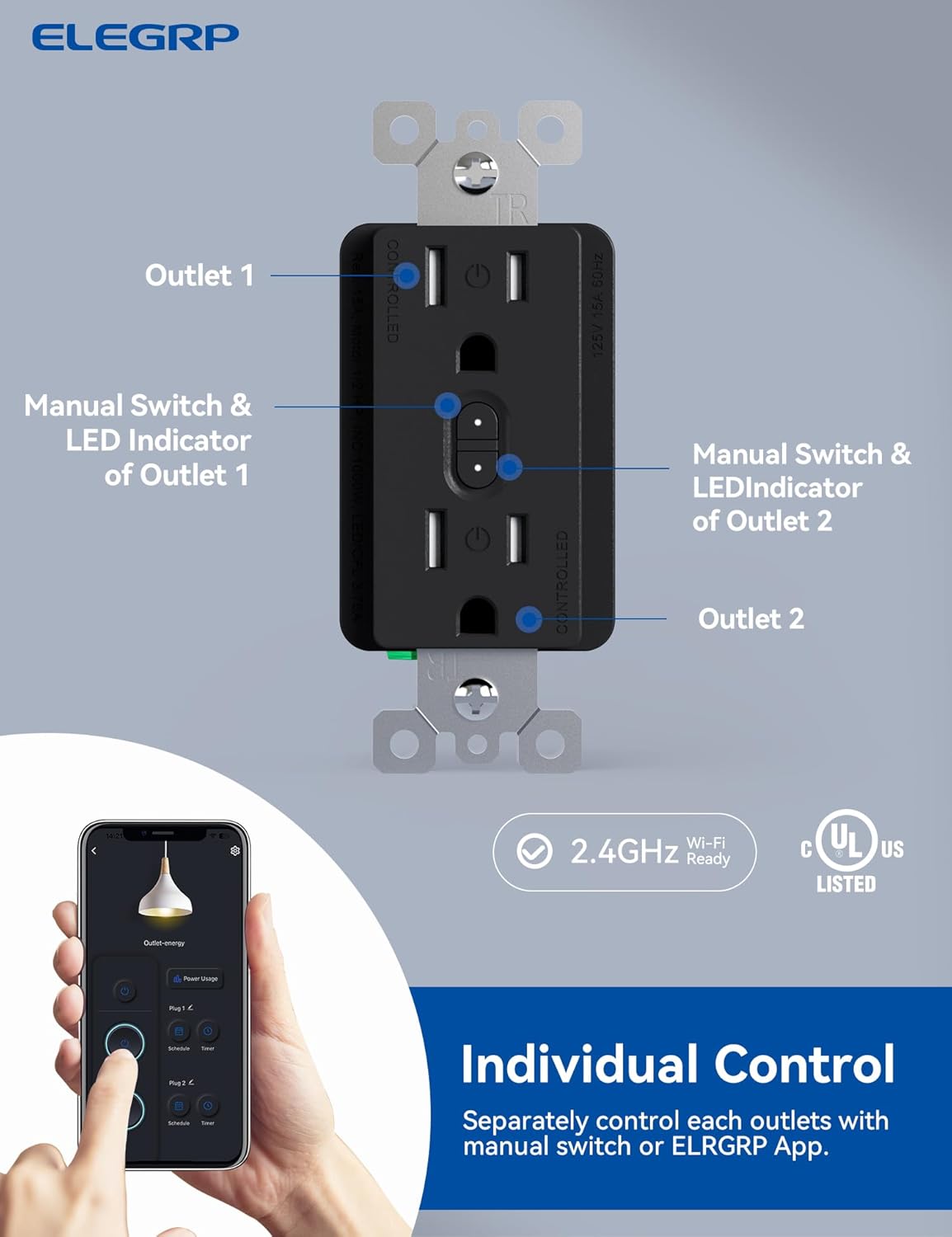 ELEGRP Smart Plug, Smart in-Wall Outlet Compatible with Alexa and Google Assistant, 2.4GHz Wi-Fi Smart Receptacle with Energy Monitoring, No Hub Required, UL Listed, Black, 1 Pack