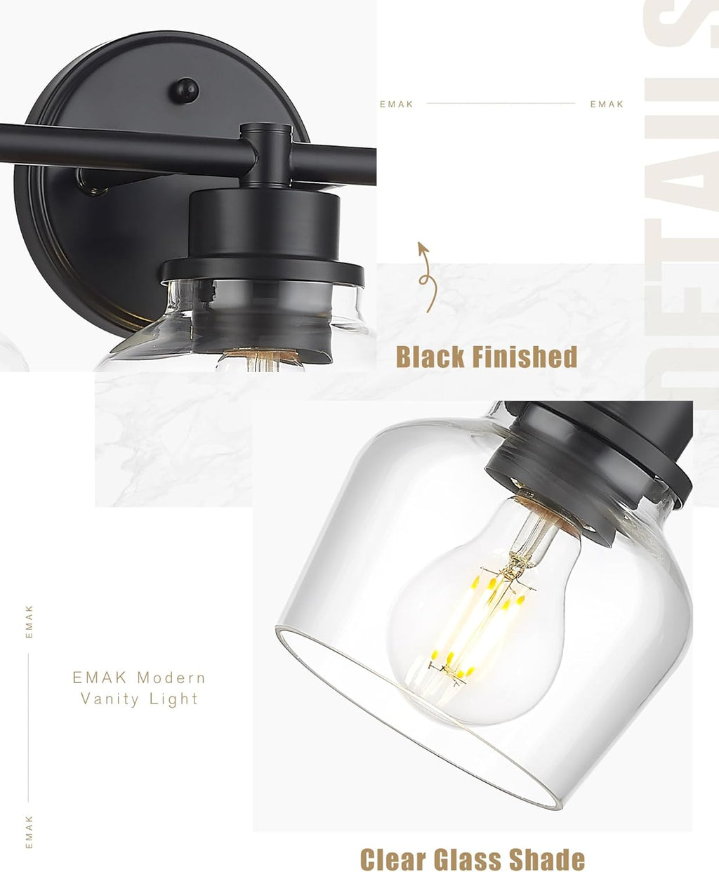 Emak 3-Light Bathroom Vanity Lights Over Mirror, Modern Bathroom Light Fixtures with Clear Glass Shade, Black Vanity Light for Bath, Makeup Desk, Mirror, VL122-BK-CG-3