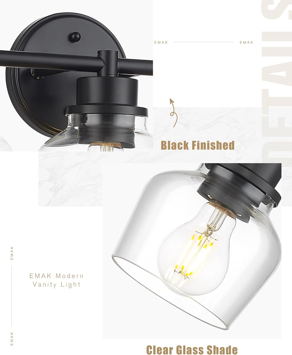 Emak 3-Light Bathroom Vanity Lights Over Mirror, Modern Bathroom Light Fixtures with Clear Glass Shade, Black Vanity Light for Bath, Makeup Desk, Mirror, VL122-BK-CG-3
