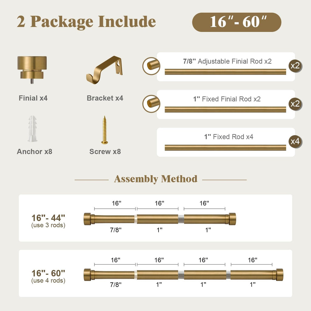 Oneach 2-Pack Heavy Duty Curtain Rods for Windows 28 to 48 Inch, 1 Inch Pole Adjustable Curtain Rod Set with Easy Installation and Modern Design (Antique Gold, 16 to 60 Inch)