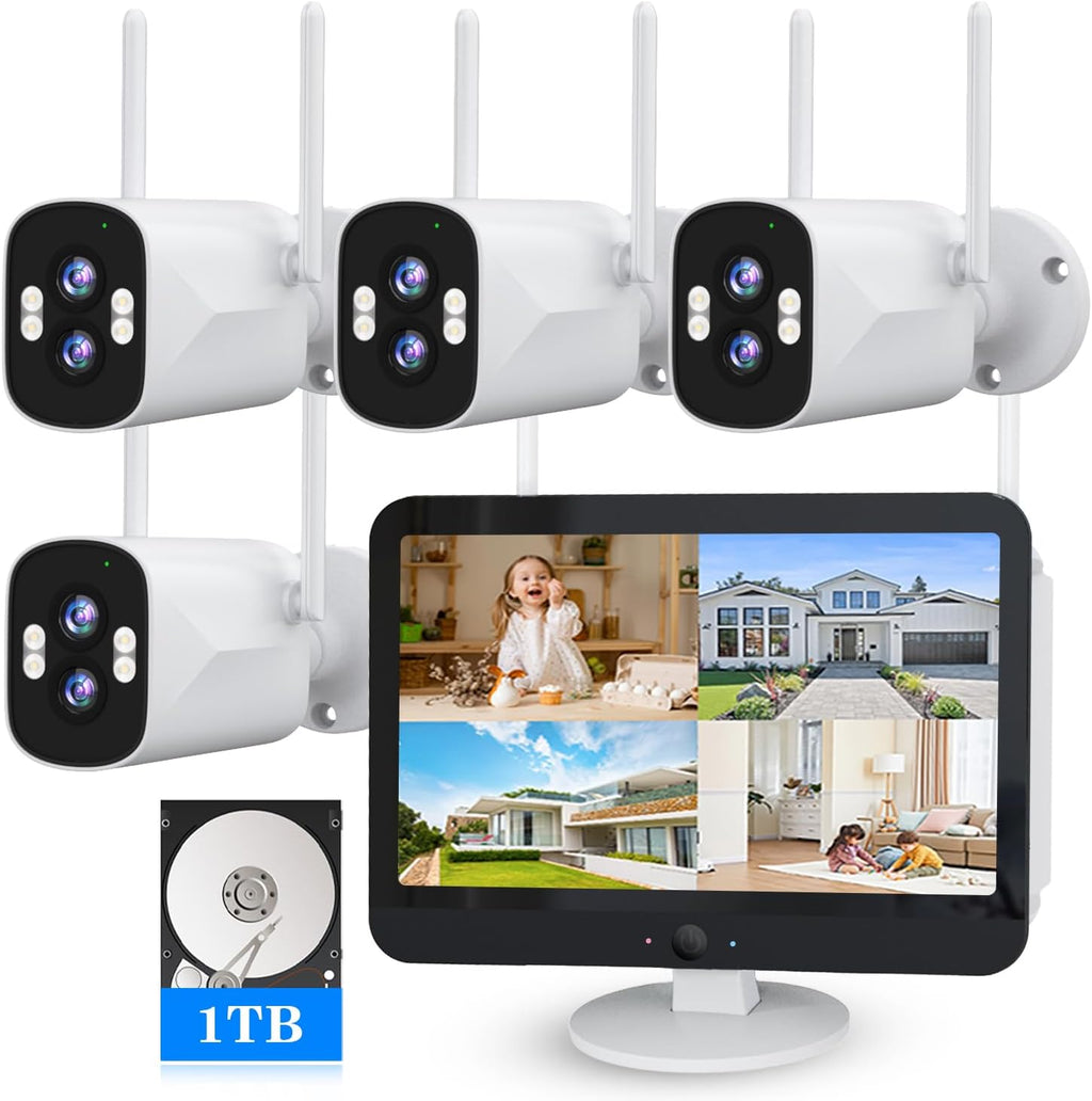 [Dual Lens 2K+2K&10X Zoom] Home Wireless Security Camera System with 12.5" LCD Monitor Outdoor, 10CH Kit 4PCS House WiFi Camera 1TB HDD