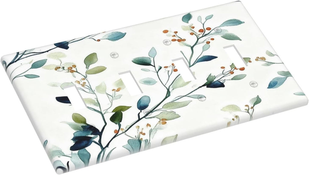 Decorative Light Switch Cover Plate Eucalyptus Leaf Geen Sage Leaves 4 Gang Wall Plates for Electrical Outlets Quad Toggle Switch Plate Covers Outlet Covers Faceplate for Bedroom Home Decor