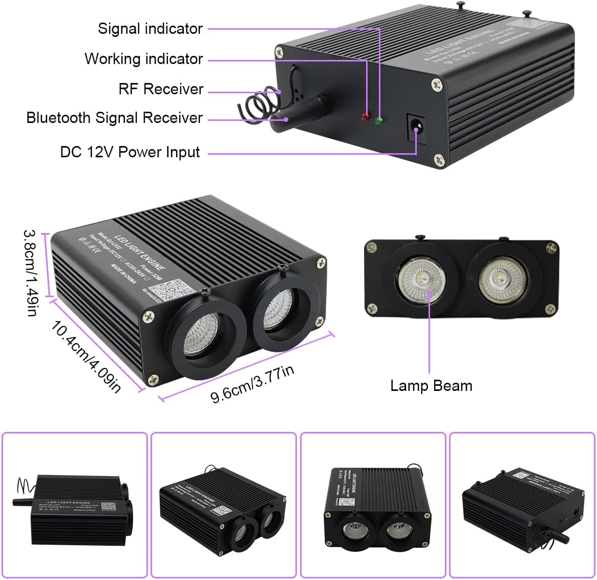 AZIMOM Dual Color 32W Sound Activated Fiber Optic Light Source RGBW Light Box Engine Diver Bluetooth/RF Remote Control Music Sensor Mode for Car Home Star Ceiling Decoration