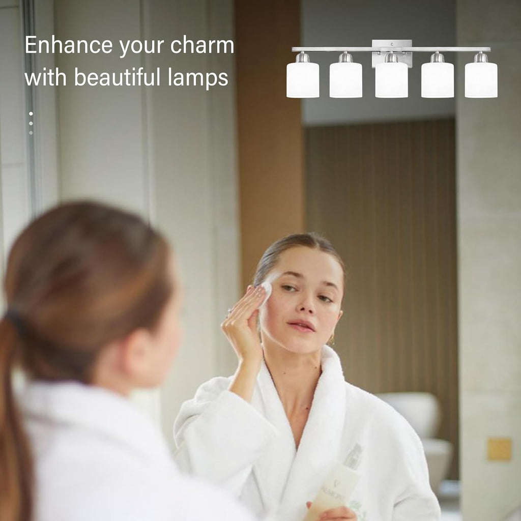 5 Light Bathroom Light Fixtures Brushed Nickel, Bathroom Vanity Light with Milky White Frosted Glass Shade, Vanity Lights for Mirror Bedroom Living Room E26 Base