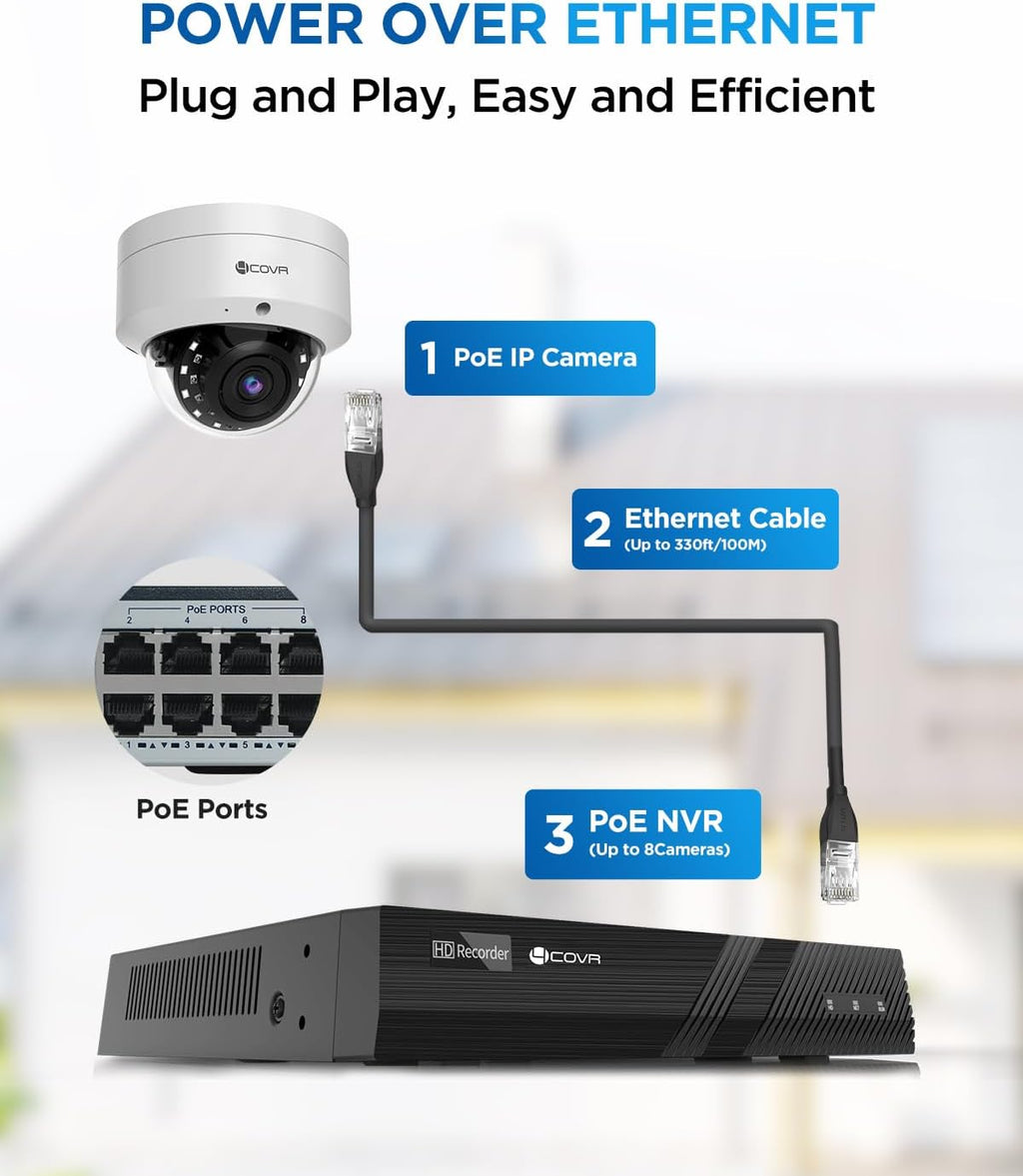 4COVR PoE Security Camera System, 4Pcs 5MP IK10 Vandal-Proof Dome PoE IP Camera with Mic, AI Human Vehicle Detection, 8CH 8MP H.265 NVR with 2TB HDD, IP67 Home Weatherproof Outdoor, LY54AX5M0804