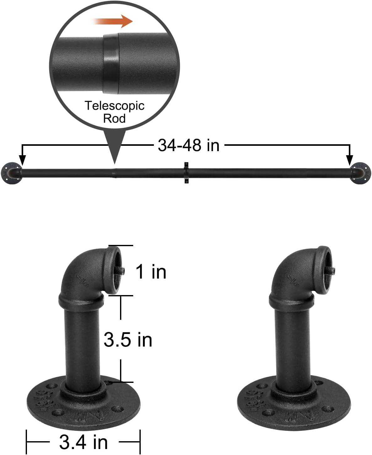 Refrze Industrial Blackout Curtain Rod, 34-48 Inch, 1 Inch Diameter, Heavy Duty, Adjustable, Wrap Around, Black