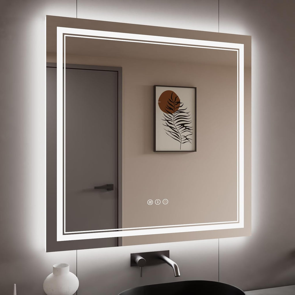 38x38 Inch LED Bathroom Mirror with Lights, Backlit and Front Lighted Bathroom Mirrors for Wall, Anti-Fog Dimmable Memory Shatterproof LED Vanity Mirror for Bathroom