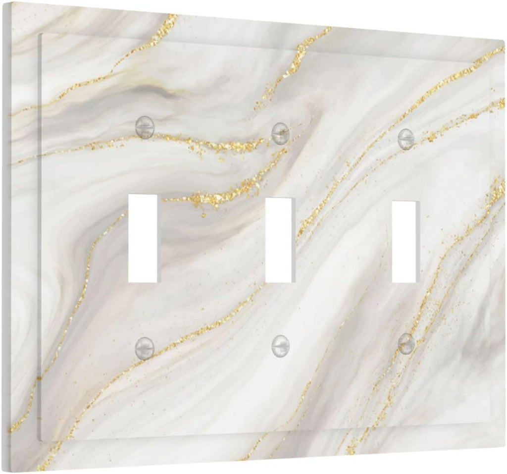 White Grey Gold Marble Simple Tiles Decorative Switch Plates 3 Gang Wall Plate Triple Toggle Light Switch Cover Faceplate Electrical Wall Panels for Bathroom Kitchen Decor