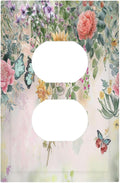 Rustic Floral Watercolor Flower Blossom Butterfly 1 Gang Duplex Receptacle Switch Wall Plate Decorative Switchplate Outlet Covers Electrical Plug Cover Faceplate for Bathroom Home Decor 5 X 3 IN