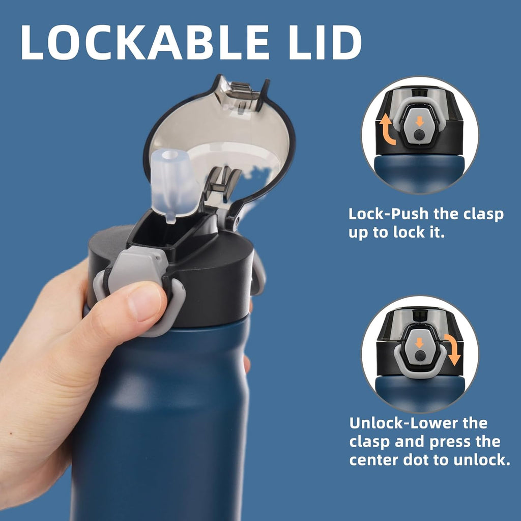 Insulated Water Bottle with Straw and Carry Loop,18 oz Stainless Steel Double Wall Vaccum Metal Water Flask with Leak-proof Lid,Navy blue