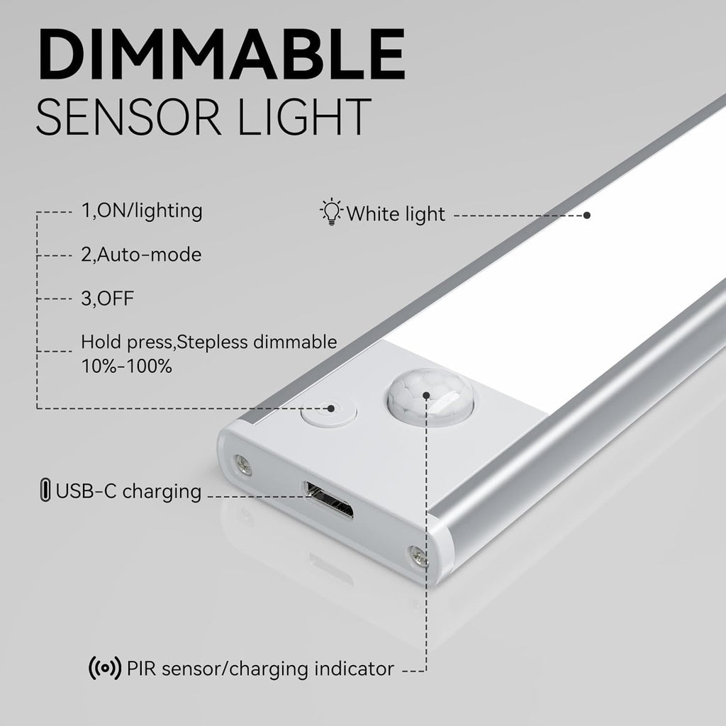 Under Cabinet Lighting, LED Magnetic Motion Activated Under Cabinet Lights, Rechargeable Closet Lights 1800mAh Battery Operated, Wireless Dimmable Under Counter Lights for Kitchen,Hallway 2 Pack