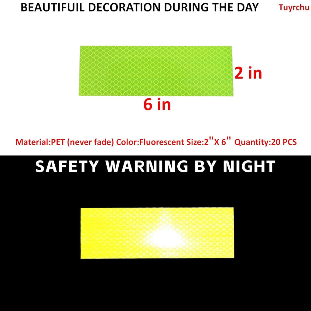 Non Fading Fluorescent Yellow Reflective Stickers 2 inch X 6 inch, Outdoor Waterproof High Visibility Safety Adhesive Reflector (20 Pcs)