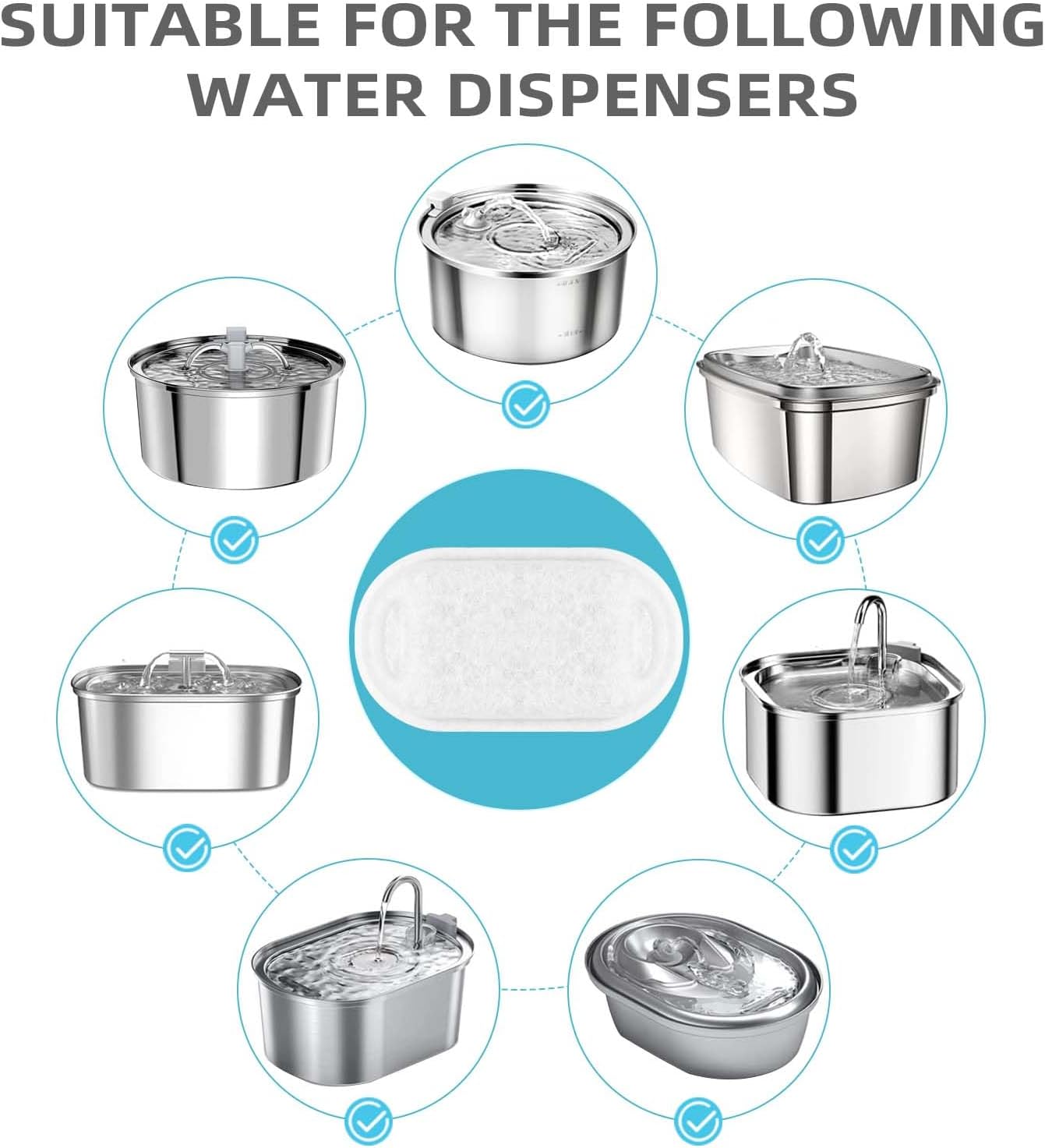 Cat Water Fountain Filter Compatible with Stainless Steel Dispenser, Efficient Filtration with Coconut Shell Activated Carbon and Fresh Water (8 Filters+8 Sponges)