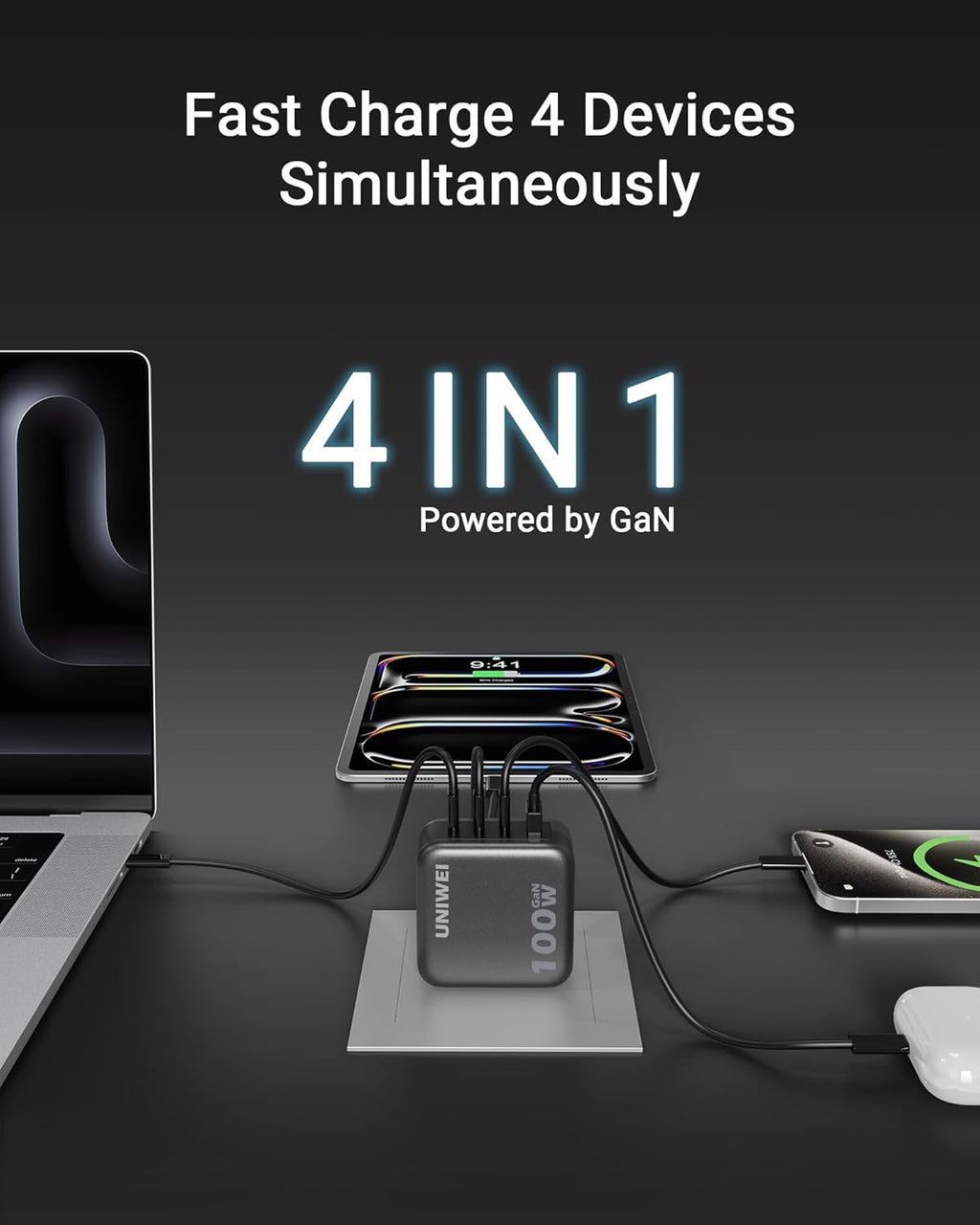 100W USB C Charger Block, 4-Port GaN and Ultra-Compact Wall Adapter, for MacBook, iPhone 17/16 Series, Samsung Galaxy, Pixel, and More