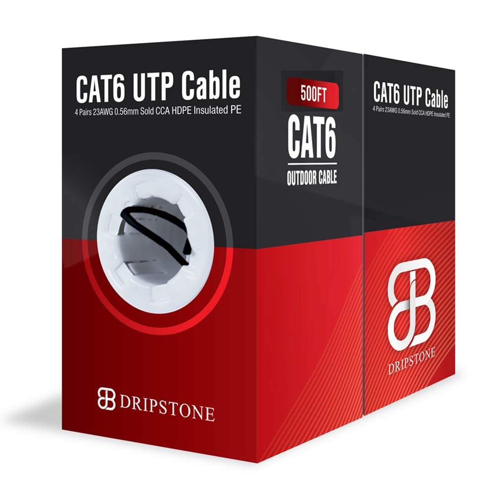 Dripstone CAT6 Direct Burial Ethernet Cable – 23AWG Solid CCA UTP, Waterproof HDPE Insulated, Polyethylene (PE) Jacket for Indoor/Outdoor Installations (Black - 500ft)