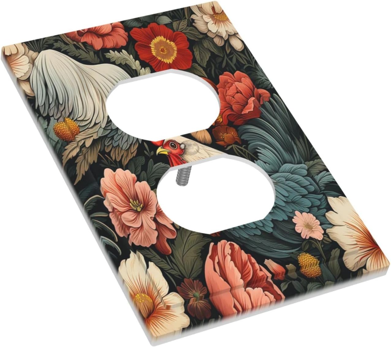 Outlet Covers Rooster Flowers Red White Chicken Floral 1 Gang Duplex Wall Plate Decorative Switch Plates Electrical Receptacle Faceplate Light Switch Cover for living Room Farmhouse Decor