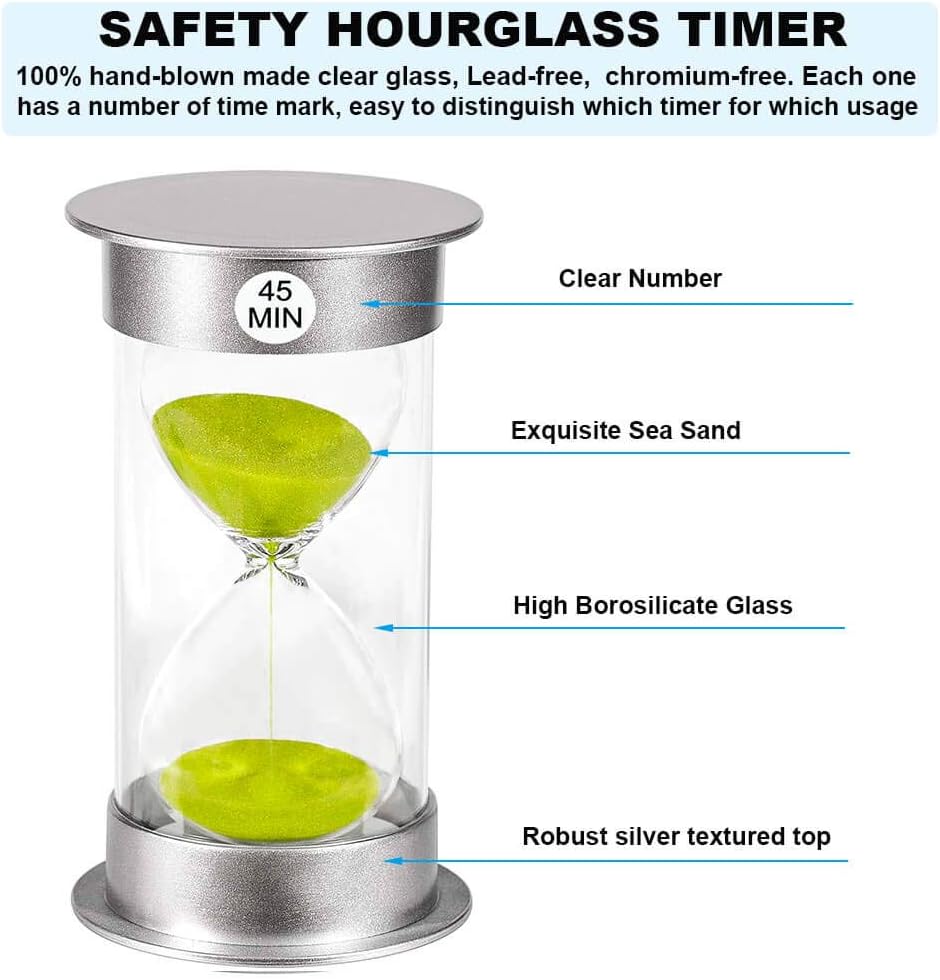 Hourglass Sand Timer 45 Min, Plastic Clock, Silver Watch - Glass Sandglass for Kids, Games, Classroom, Kitchen, Decoration (Green Sand)