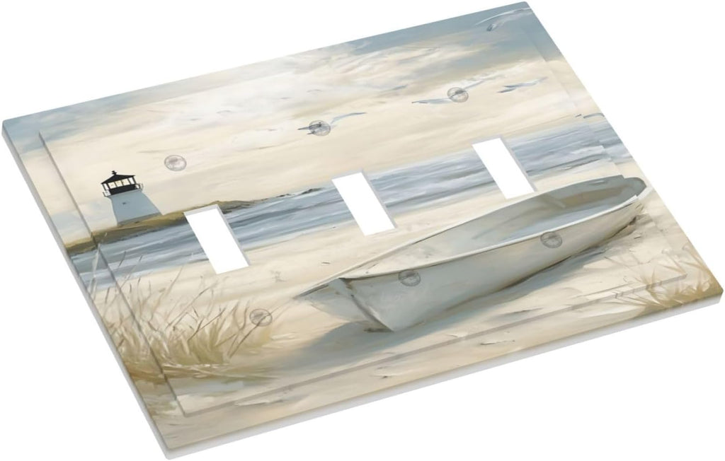 Decorative Light Switch Plate Covers Seascape Painting with Lighthouse Boats 3 Gang Artistic Wall Plate Unique Triple Toggle Light Switch Covers for Bedroom Home Decor