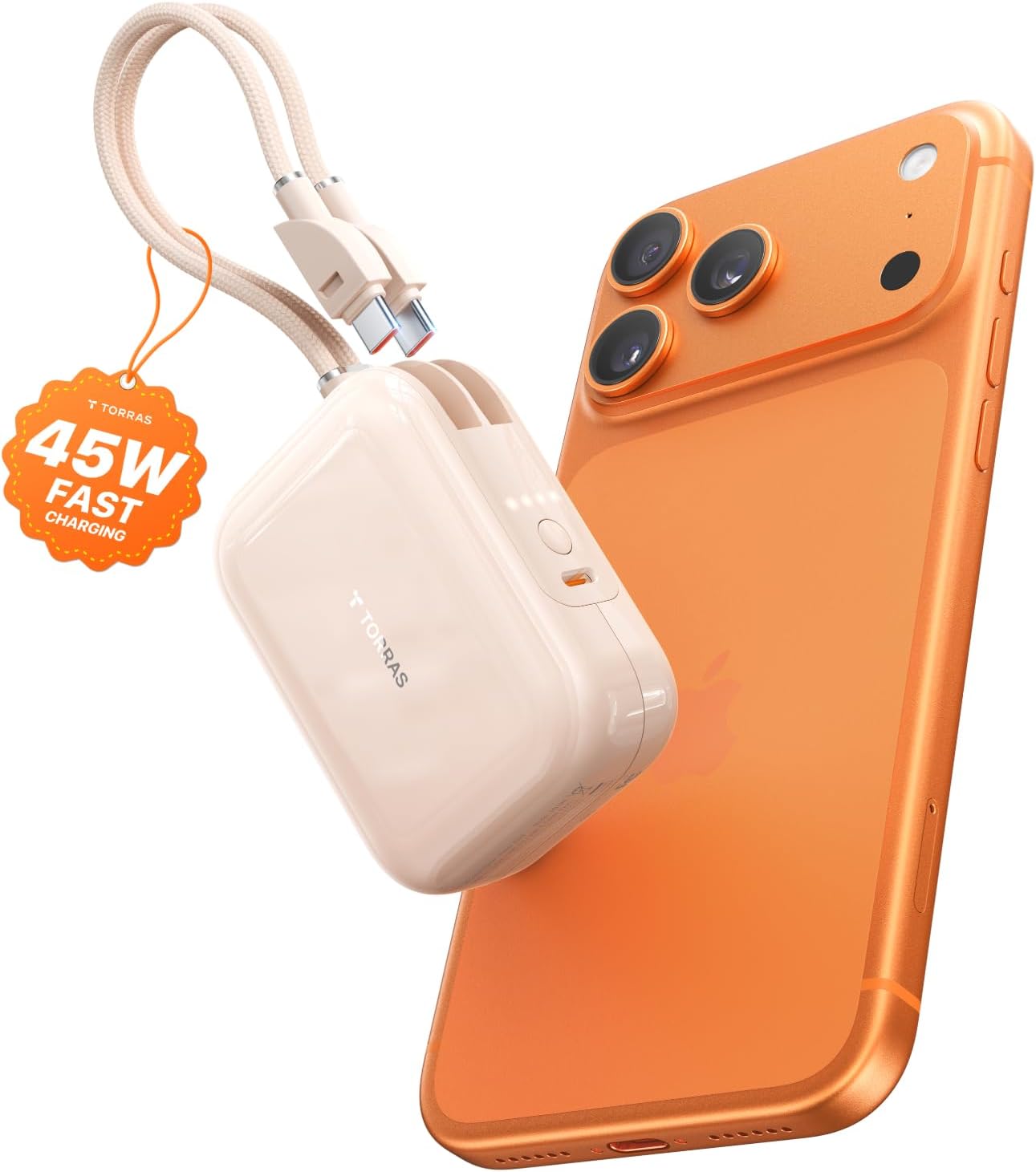 TORRAS EasyGo Portable Charger, 45W Fast Charging 10000mAh Power Bank [Travel & Daily Essentials] Built in Cable USB C, Phone Battery Pack Powerbank for iPhone Air/17/16/15 Series, Samsung, iPad etc